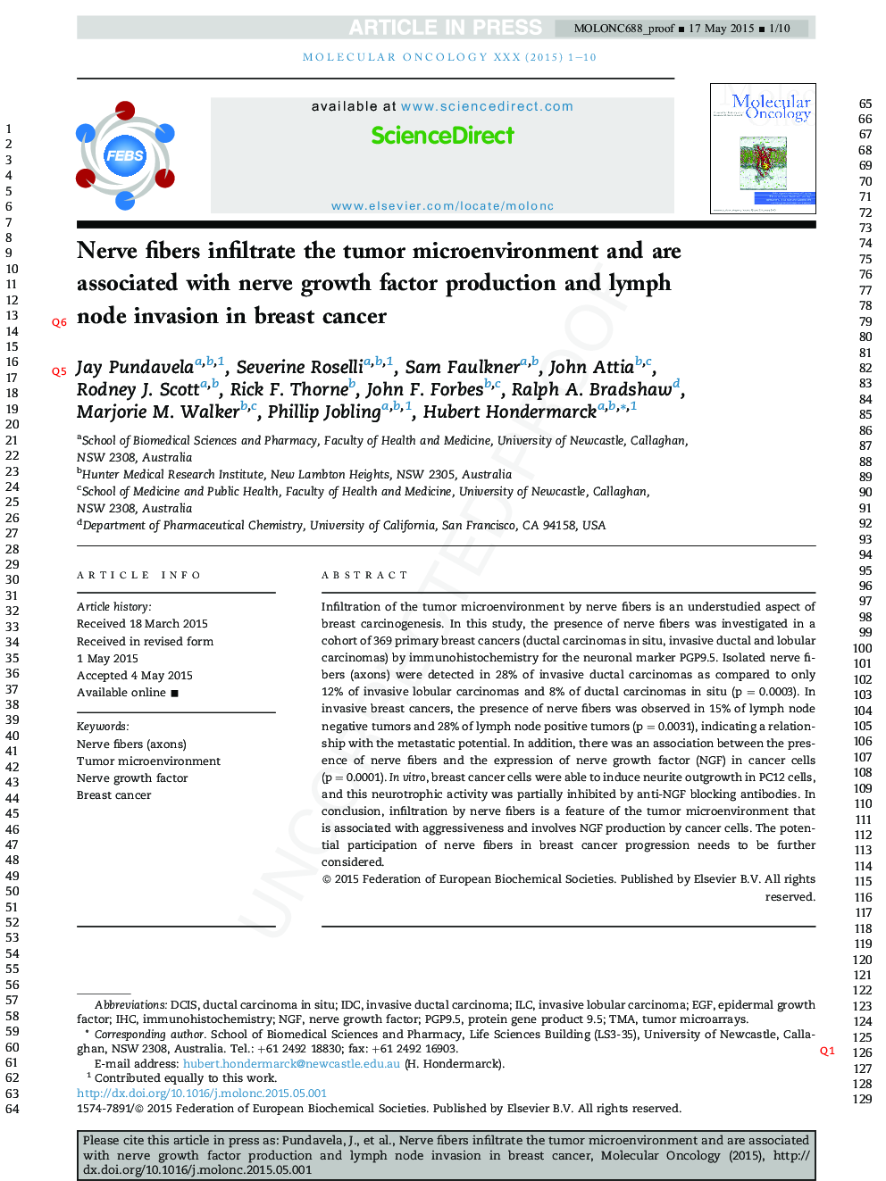 Nerve fibers infiltrate the tumor microenvironment and are associated with nerve growth factor production and lymph node invasion in breast cancer