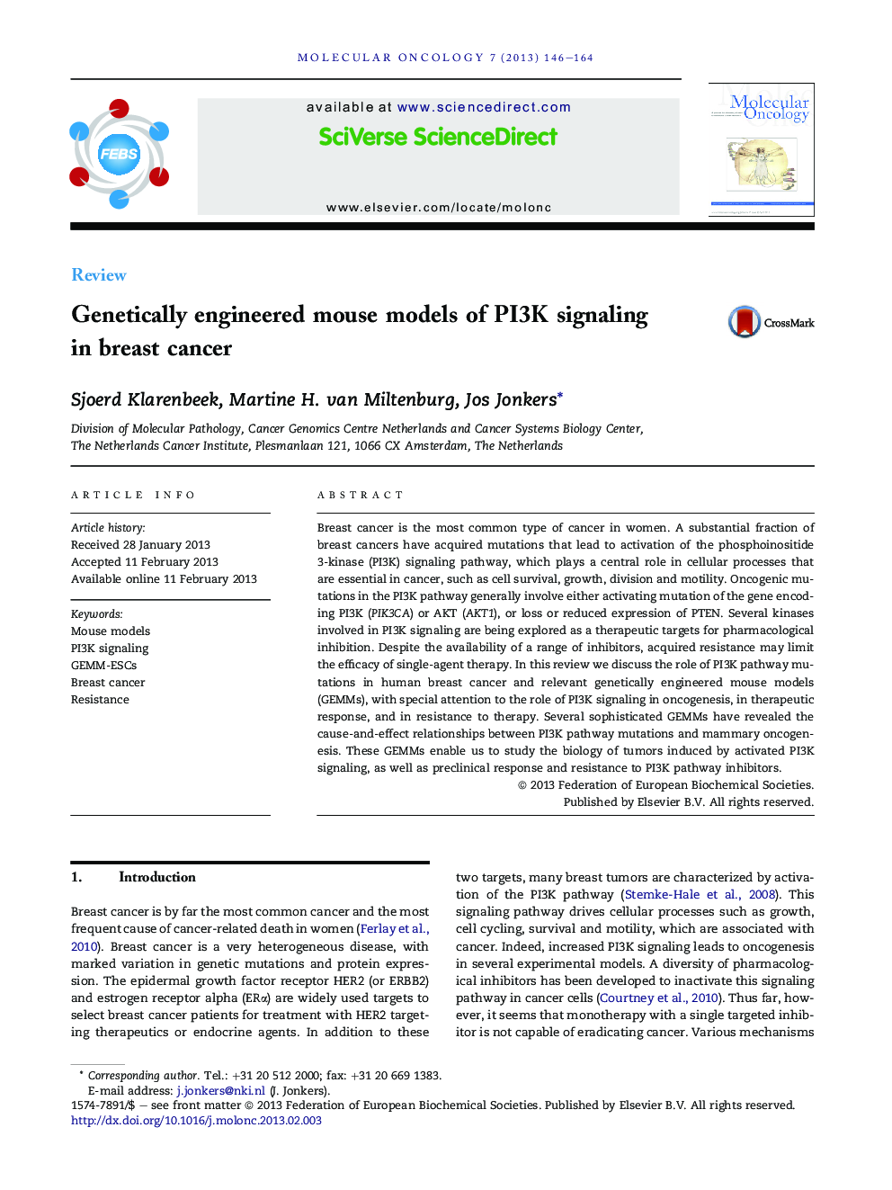 Genetically engineered mouse models of PI3K signaling inÂ breast cancer