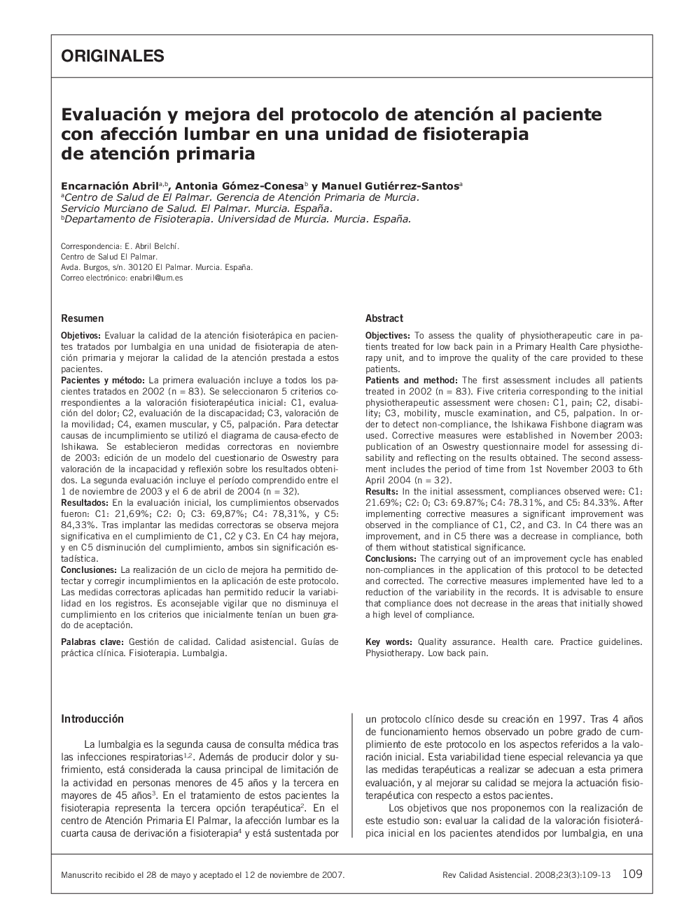 عکس صفحه اول مقاله: Evaluación y mejora del protocolo de atención al paciente con afección lumbar en una unidad de fisioterapia de atención primaria Evaluación y mejora del protocolo de atención al paciente con afección lumbar en una unidad de fisioterapia de atención primaria