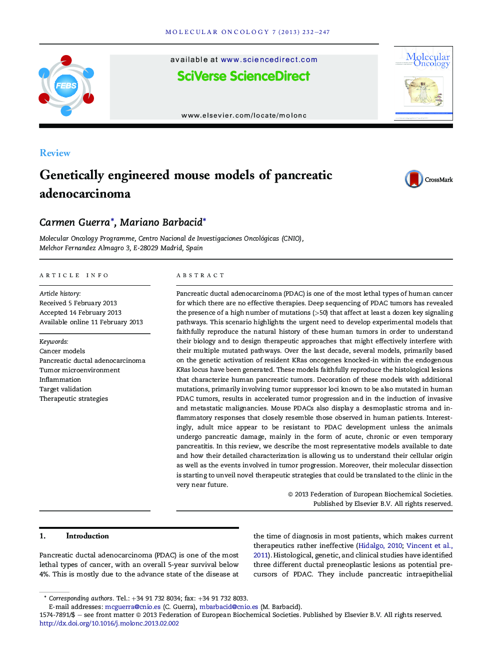 Genetically engineered mouse models of pancreatic adenocarcinoma