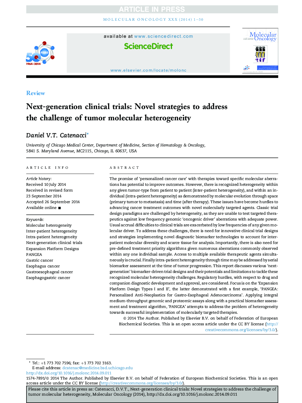Next-generation clinical trials: Novel strategies to address theÂ challenge of tumor molecular heterogeneity