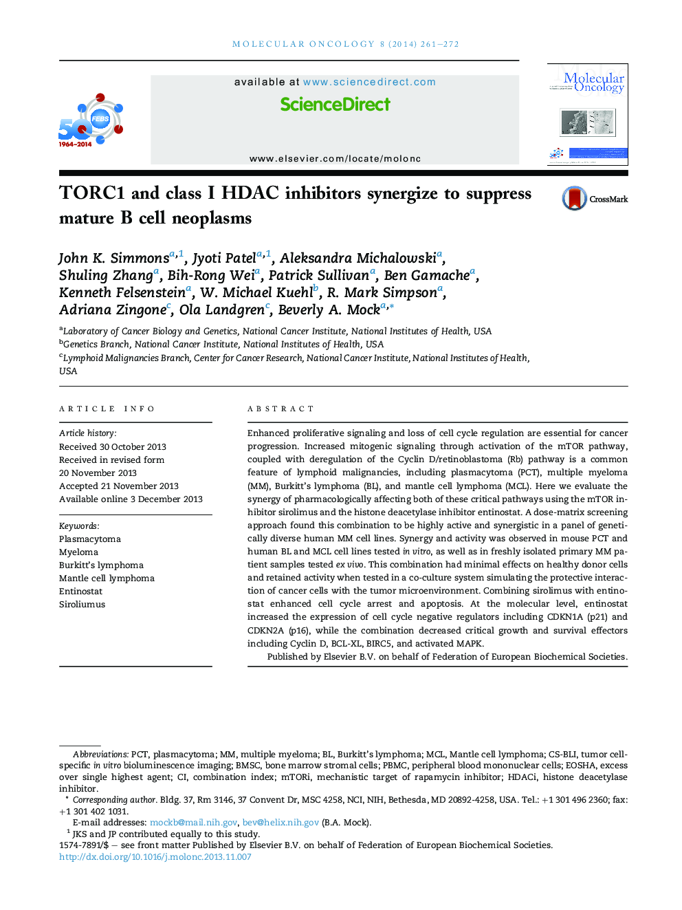 TORC1 and class I HDAC inhibitors synergize to suppress mature B cell neoplasms