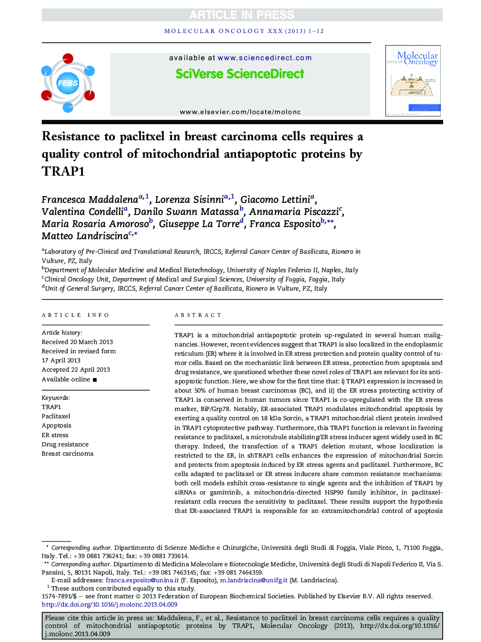 Resistance to paclitxel in breast carcinoma cells requires a quality control of mitochondrial antiapoptotic proteins by TRAP1