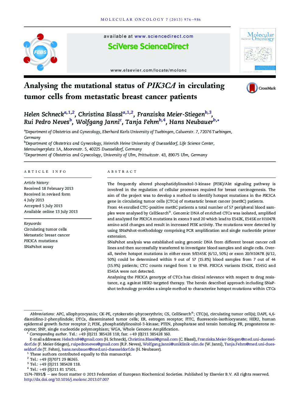 Analysing the mutational status of PIK3CA in circulating tumor cells from metastatic breast cancer patients