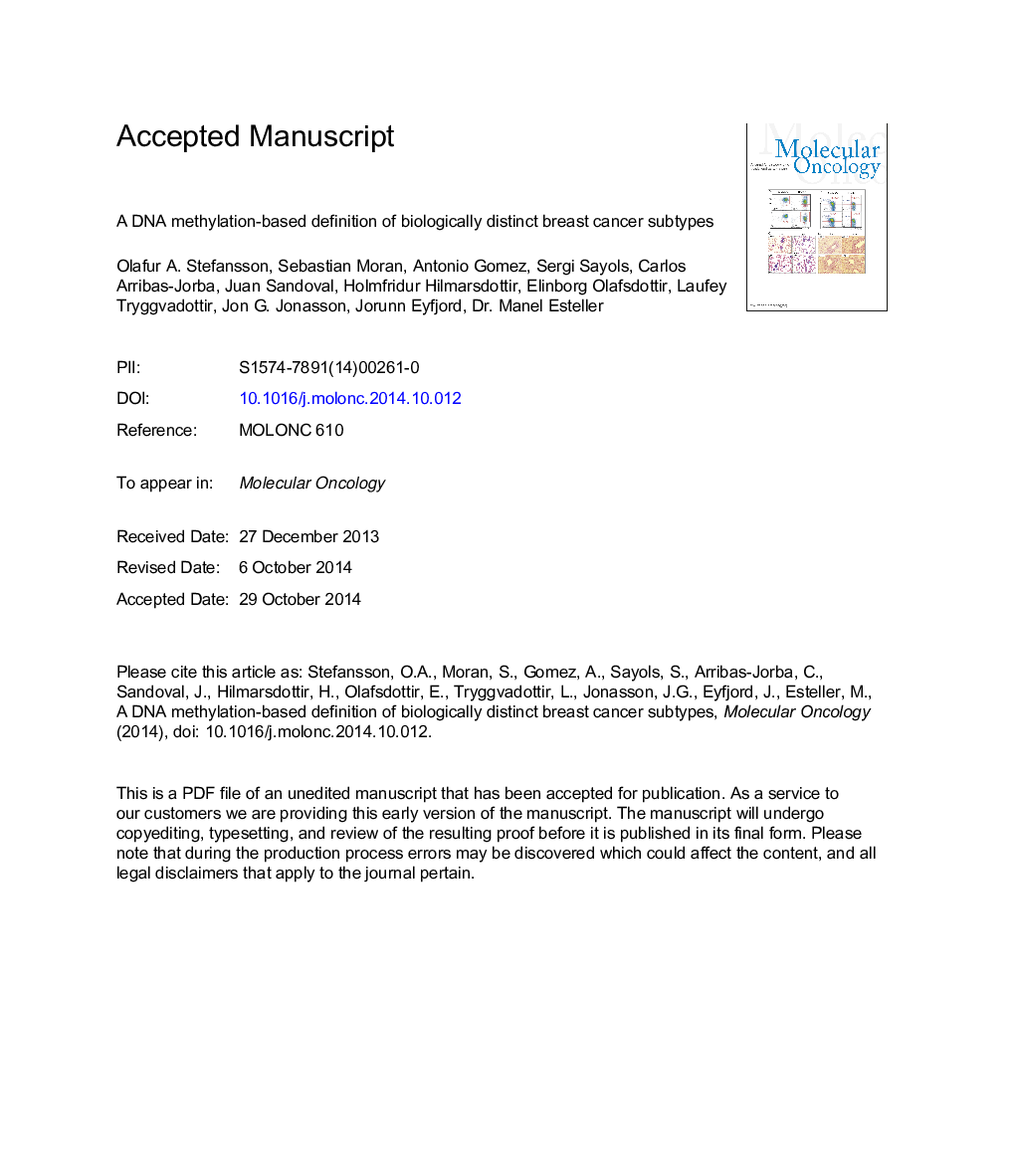 A DNA methylation-based definition of biologically distinct breast cancer subtypes