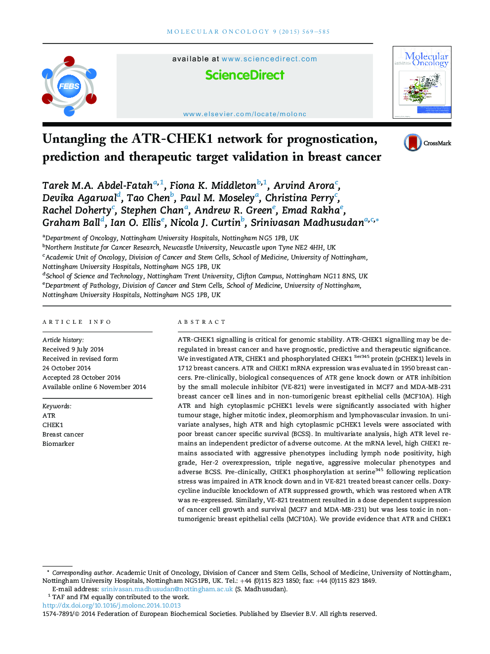 Untangling the ATR-CHEK1 network for prognostication, prediction and therapeutic target validation in breast cancer