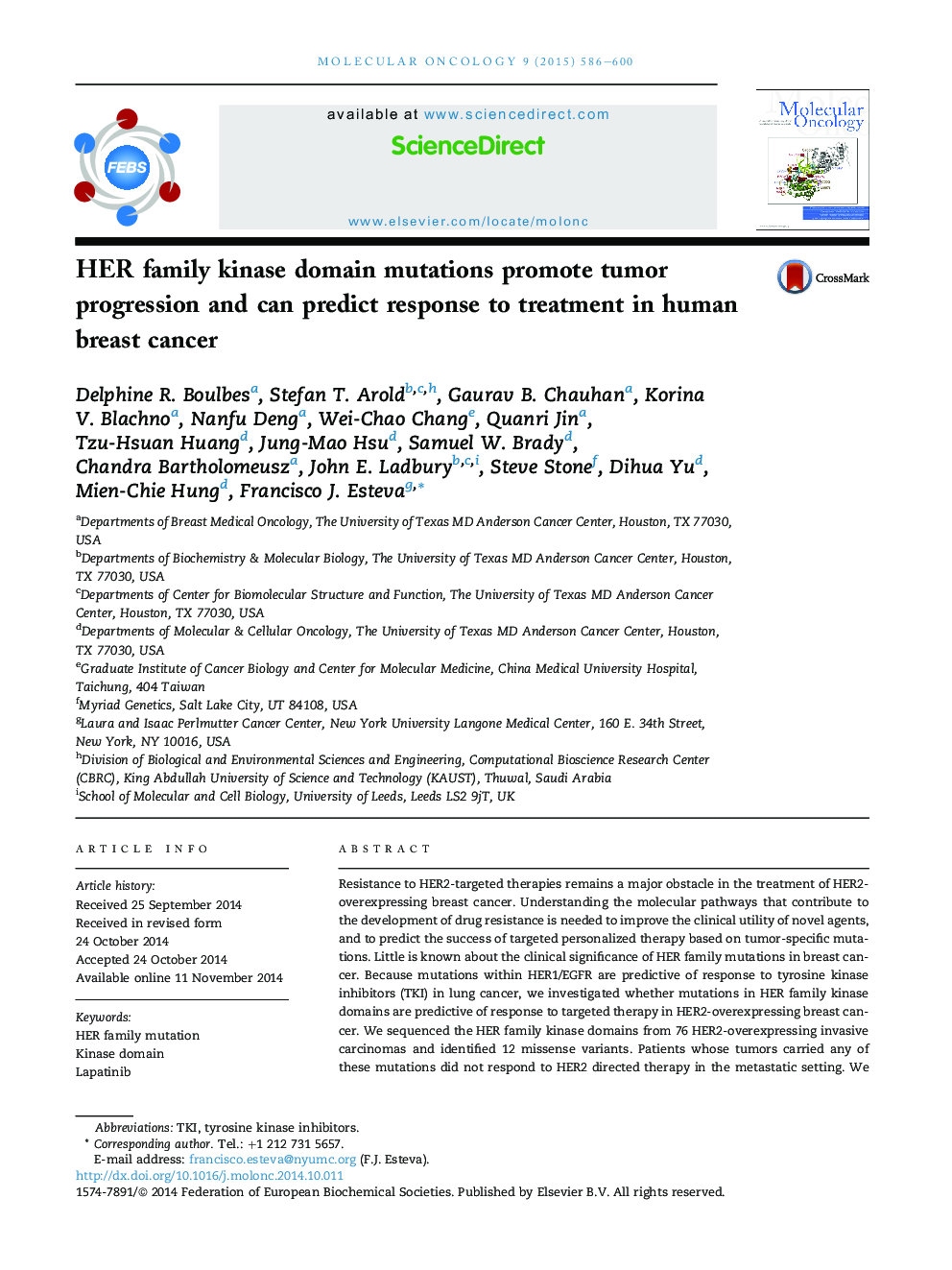 HER family kinase domain mutations promote tumor progression and can predict response to treatment in human breast cancer