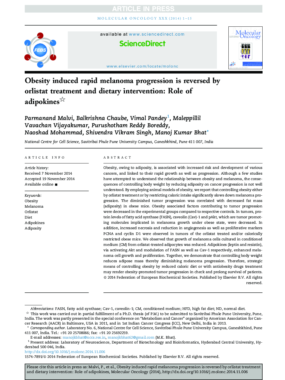 Obesity induced rapid melanoma progression is reversed by orlistat treatment and dietary intervention: Role of adipokines