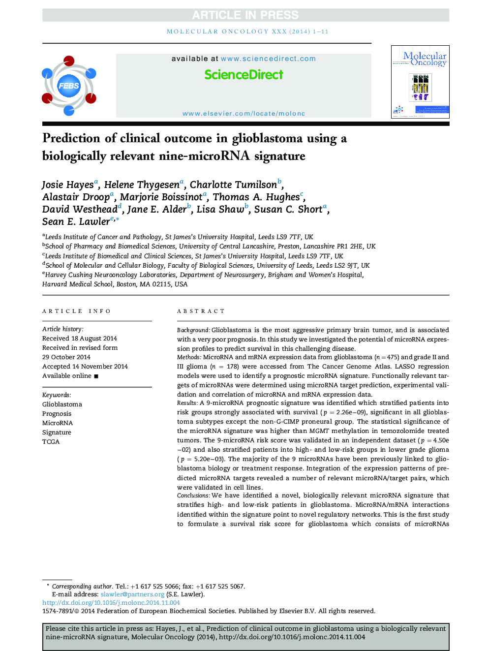 Prediction of clinical outcome in glioblastoma using a biologically relevant nine-microRNA signature
