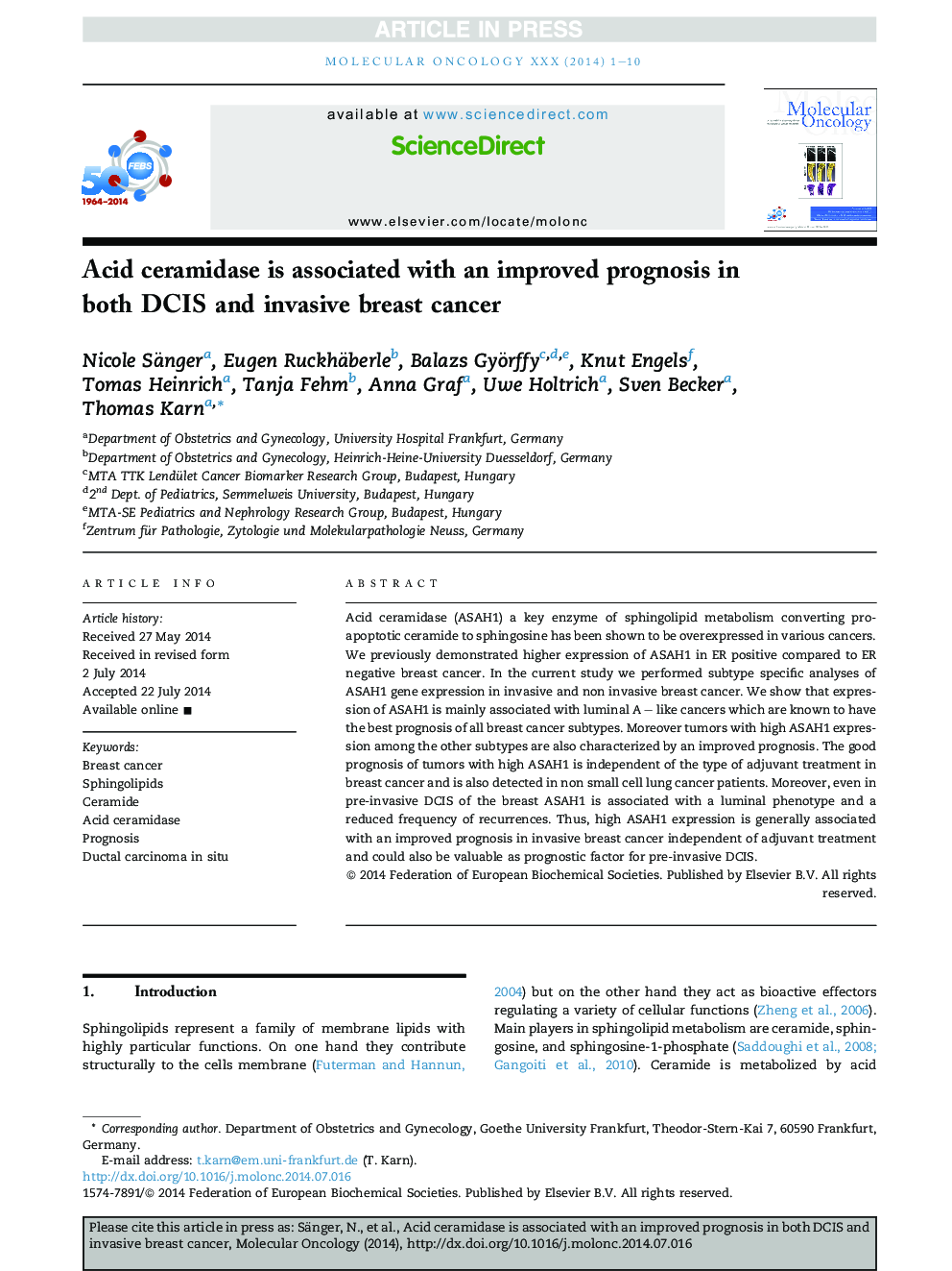 Acid ceramidase is associated with an improved prognosis in both DCIS and invasive breast cancer