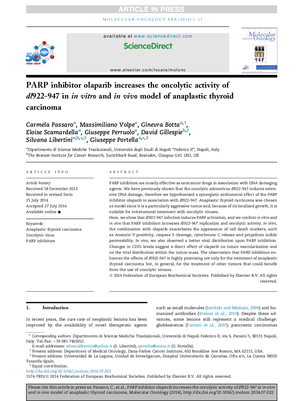 PARP inhibitor olaparib increases the oncolytic activity of dl922-947 in inÂ vitro and inÂ vivo model of anaplastic thyroid carcinoma