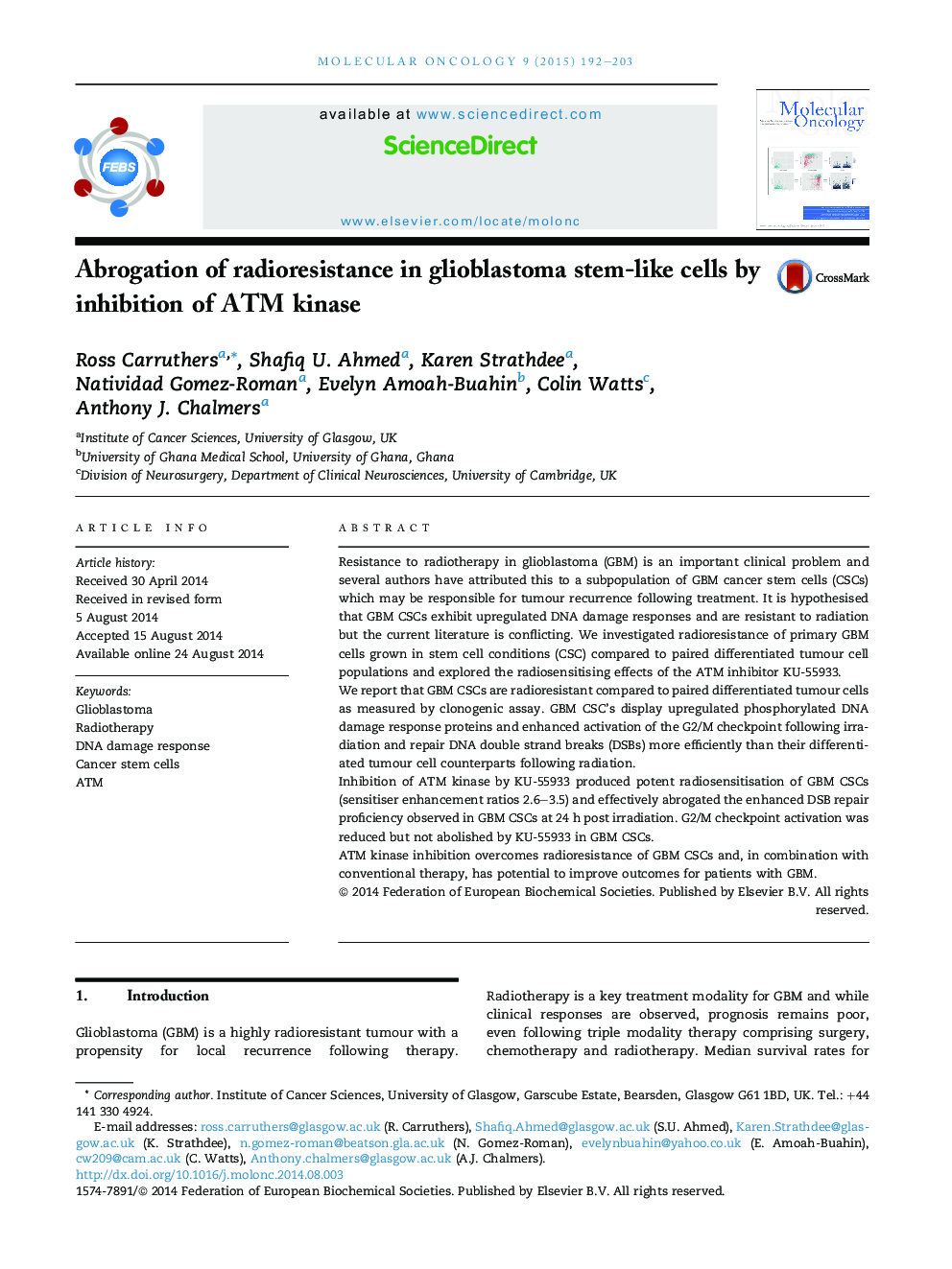 Abrogation of radioresistance in glioblastoma stem-like cells by inhibition of ATM kinase