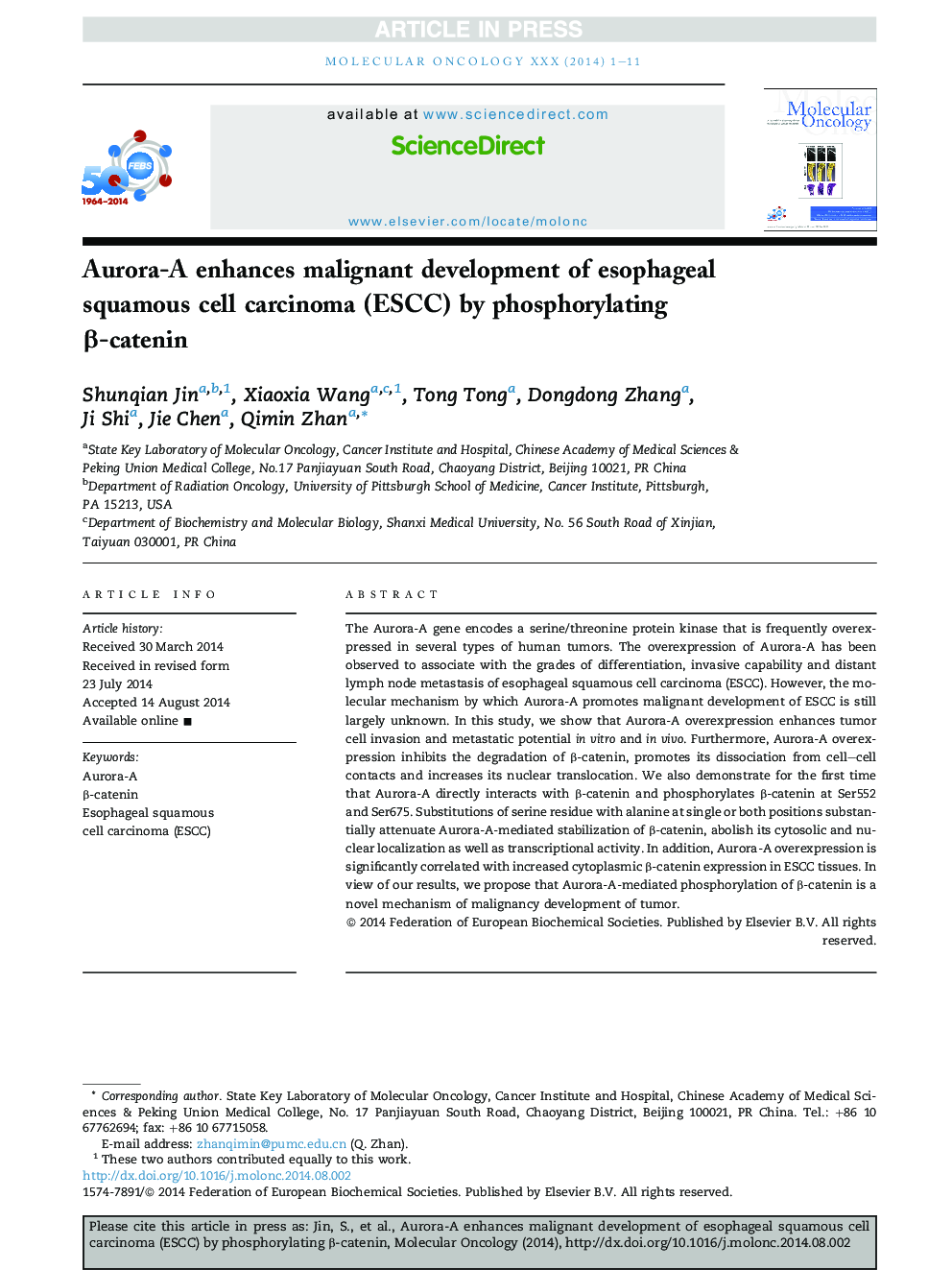 Aurora-A enhances malignant development of esophageal squamous cell carcinoma (ESCC) by phosphorylating Î²-catenin