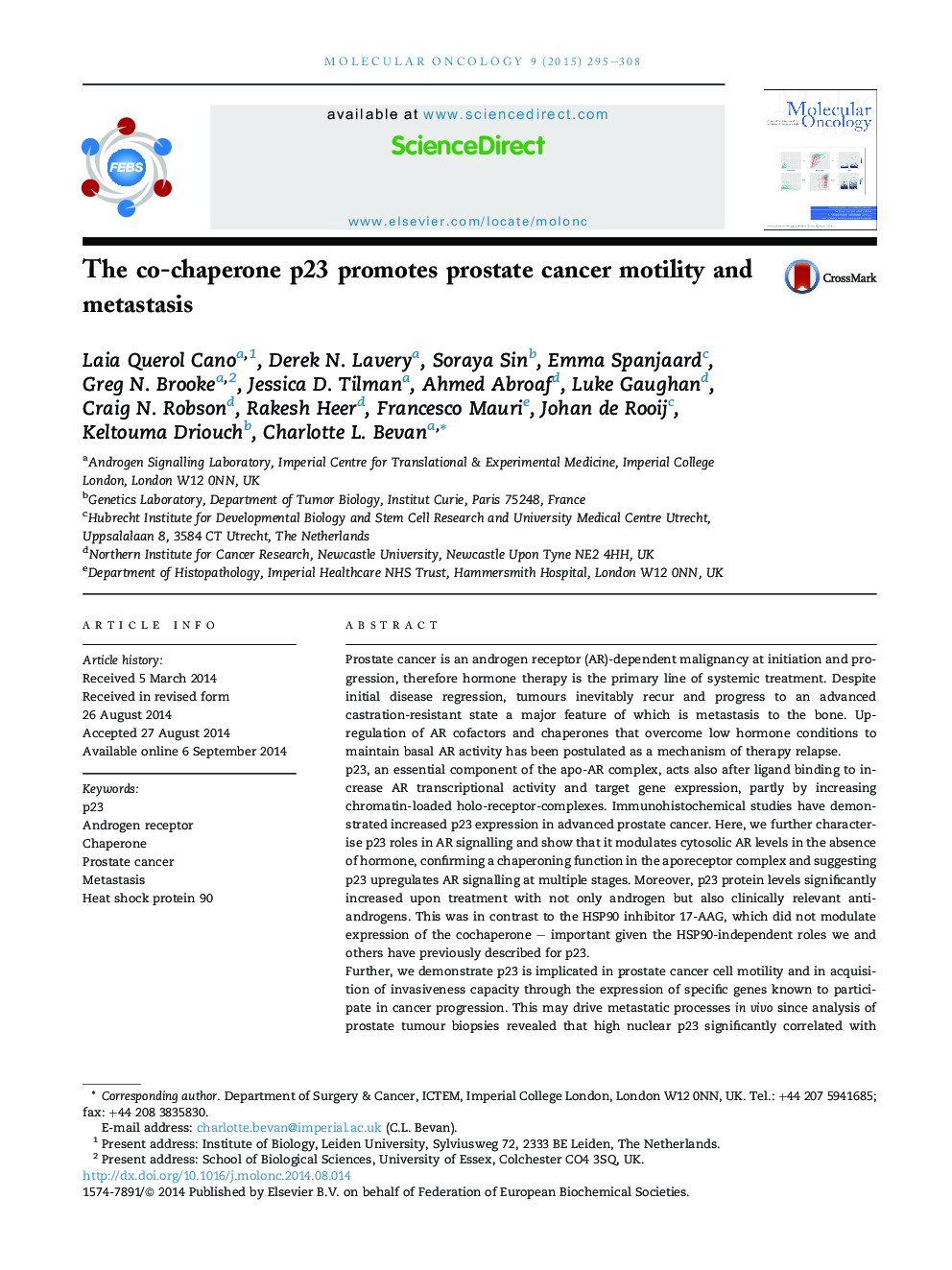 The co-chaperone p23 promotes prostate cancer motility and metastasis