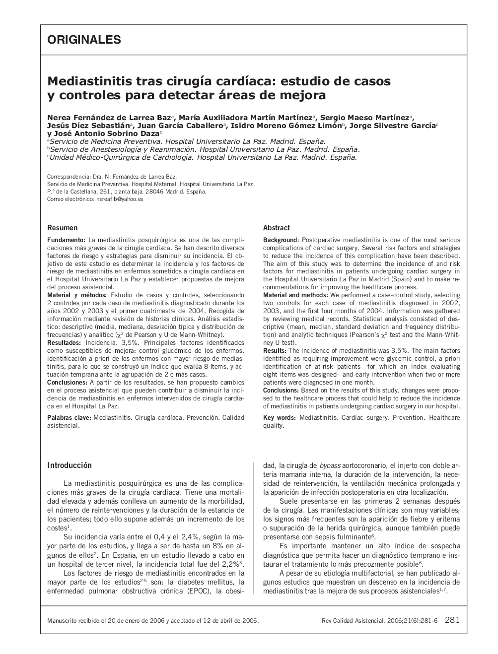 عکس صفحه اول مقاله: Mediastinitis tras cirugÃa cardÃaca: estudio de casos y controles para detectar áreas de mejora Mediastinitis tras cirugÃa cardÃaca: estudio de casos y controles para detectar áreas de mejora