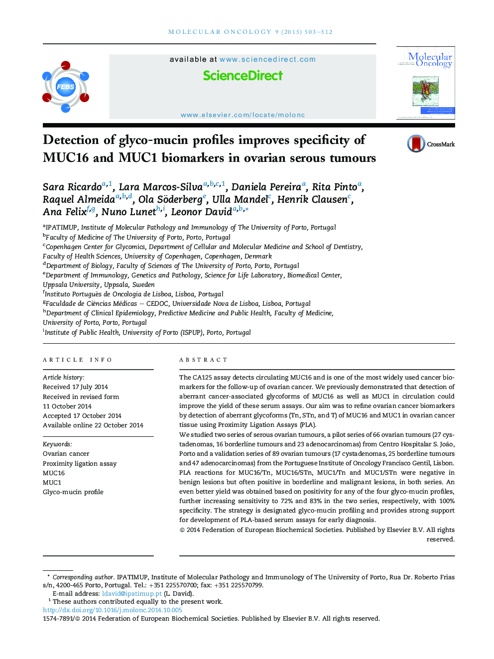 Detection of glyco-mucin profiles improves specificity of MUC16 and MUC1 biomarkers in ovarian serous tumours