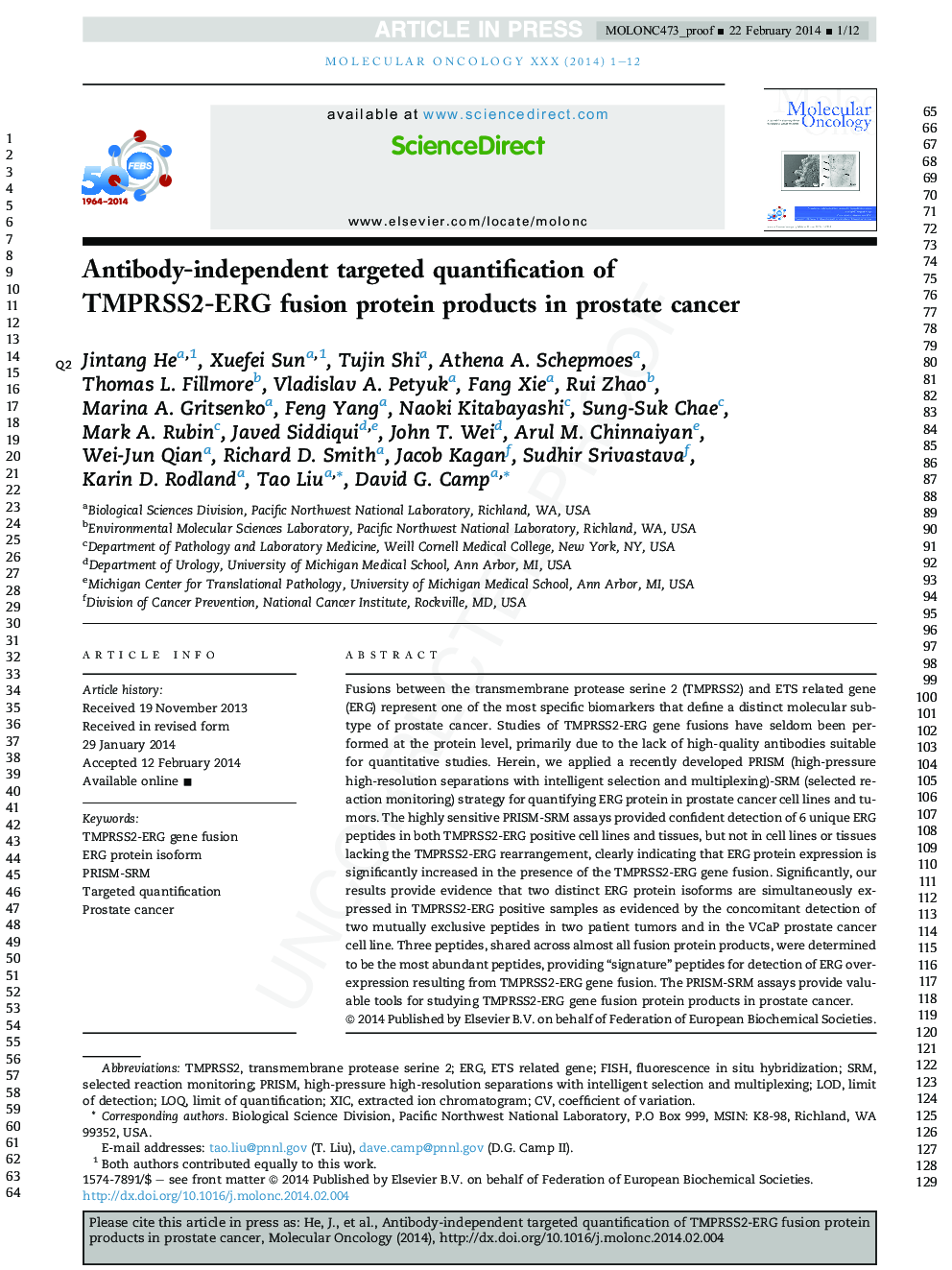 Antibody-independent targeted quantification of TMPRSS2-ERG fusion protein products in prostate cancer