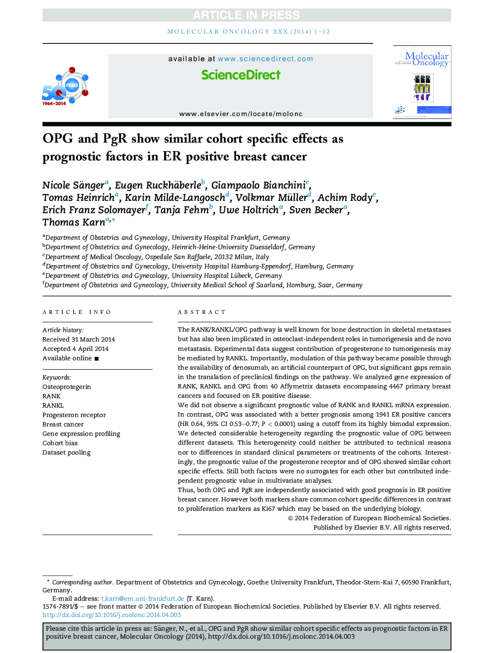 OPG and PgR show similar cohort specific effects as prognostic factors in ER positive breast cancer