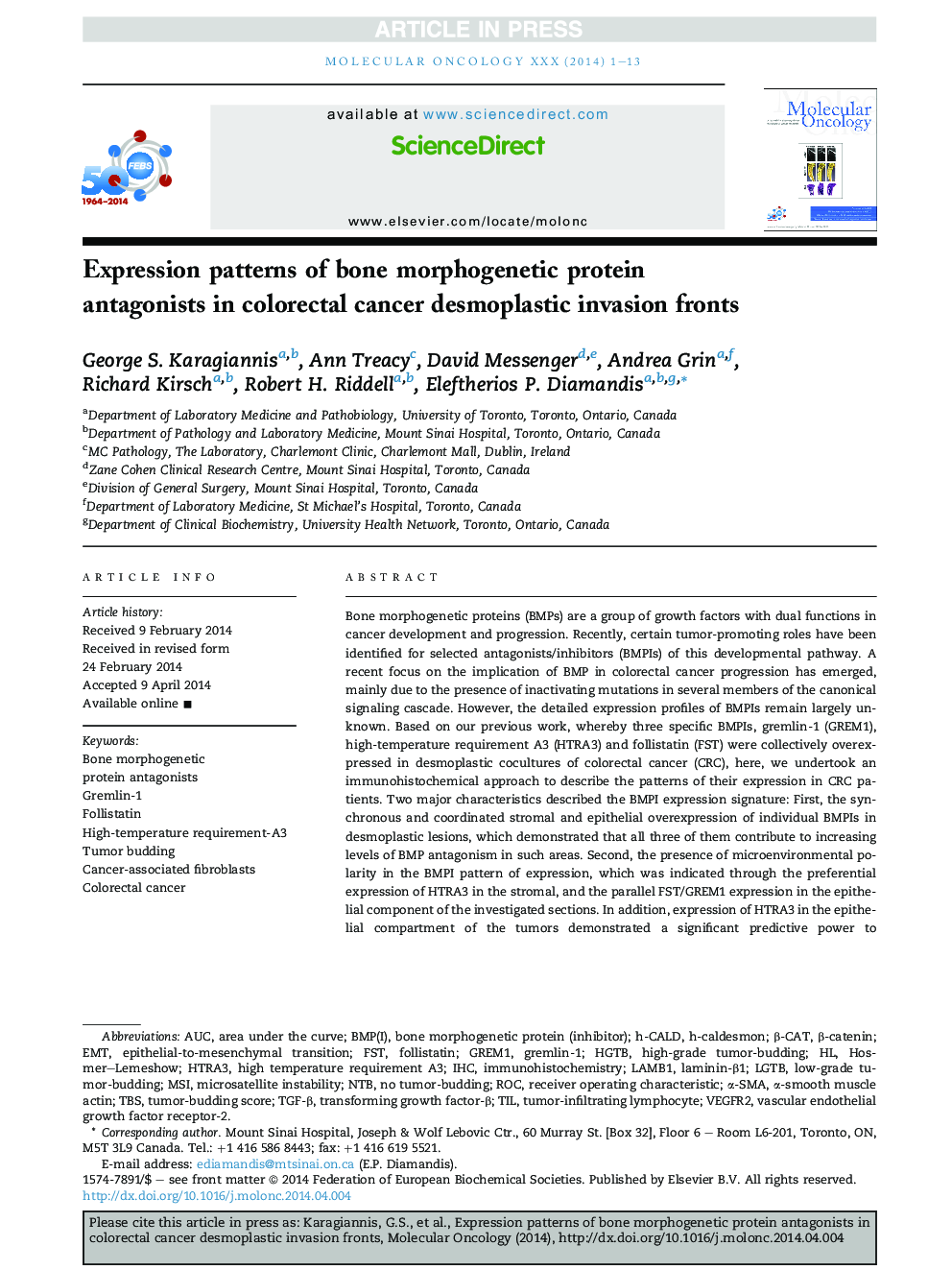 Expression patterns of bone morphogenetic protein antagonists in colorectal cancer desmoplastic invasion fronts