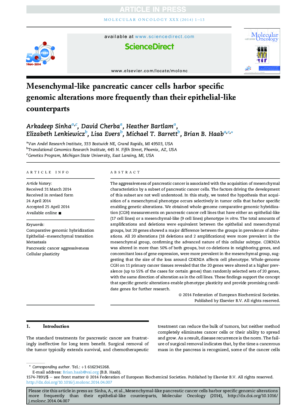 Mesenchymal-like pancreatic cancer cells harbor specific genomic alterations more frequently than their epithelial-like counterparts