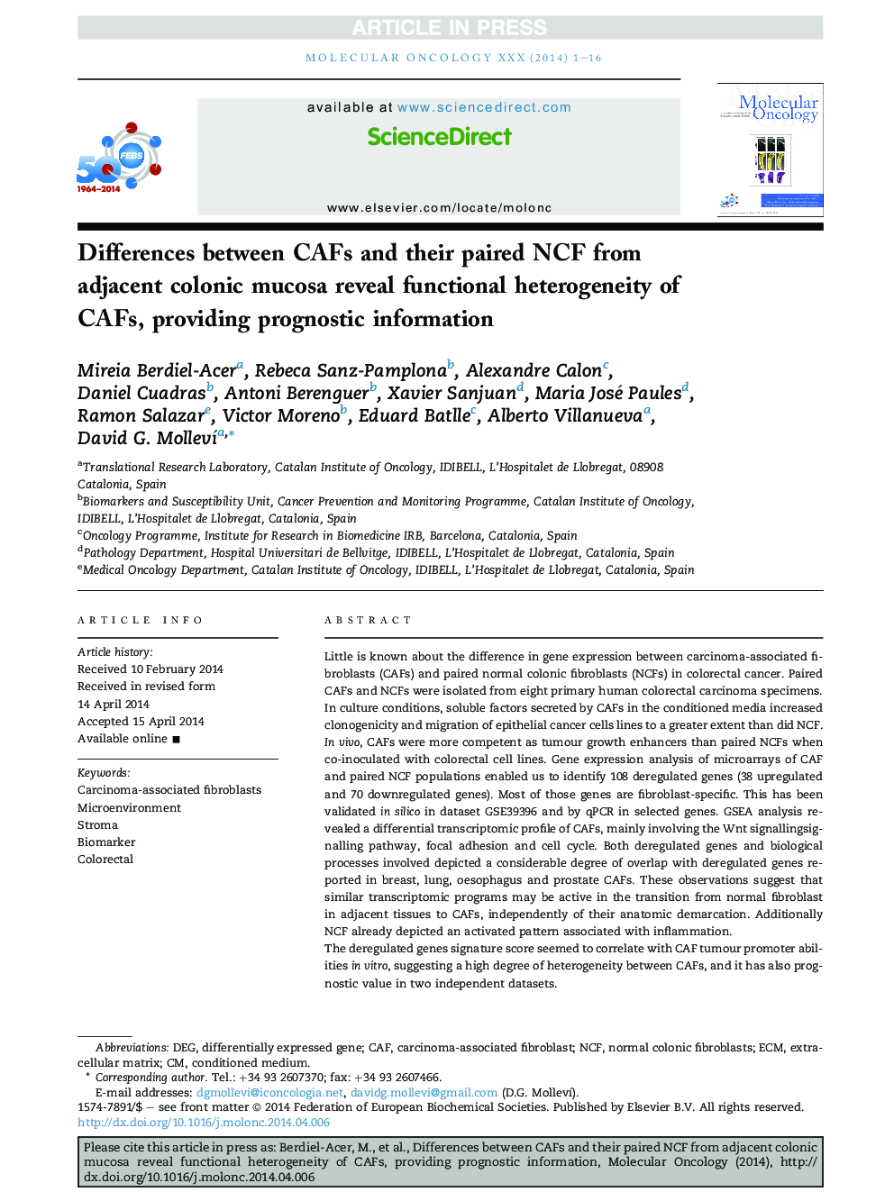 Differences between CAFs and their paired NCF from adjacent colonic mucosa reveal functional heterogeneity of CAFs, providing prognostic information