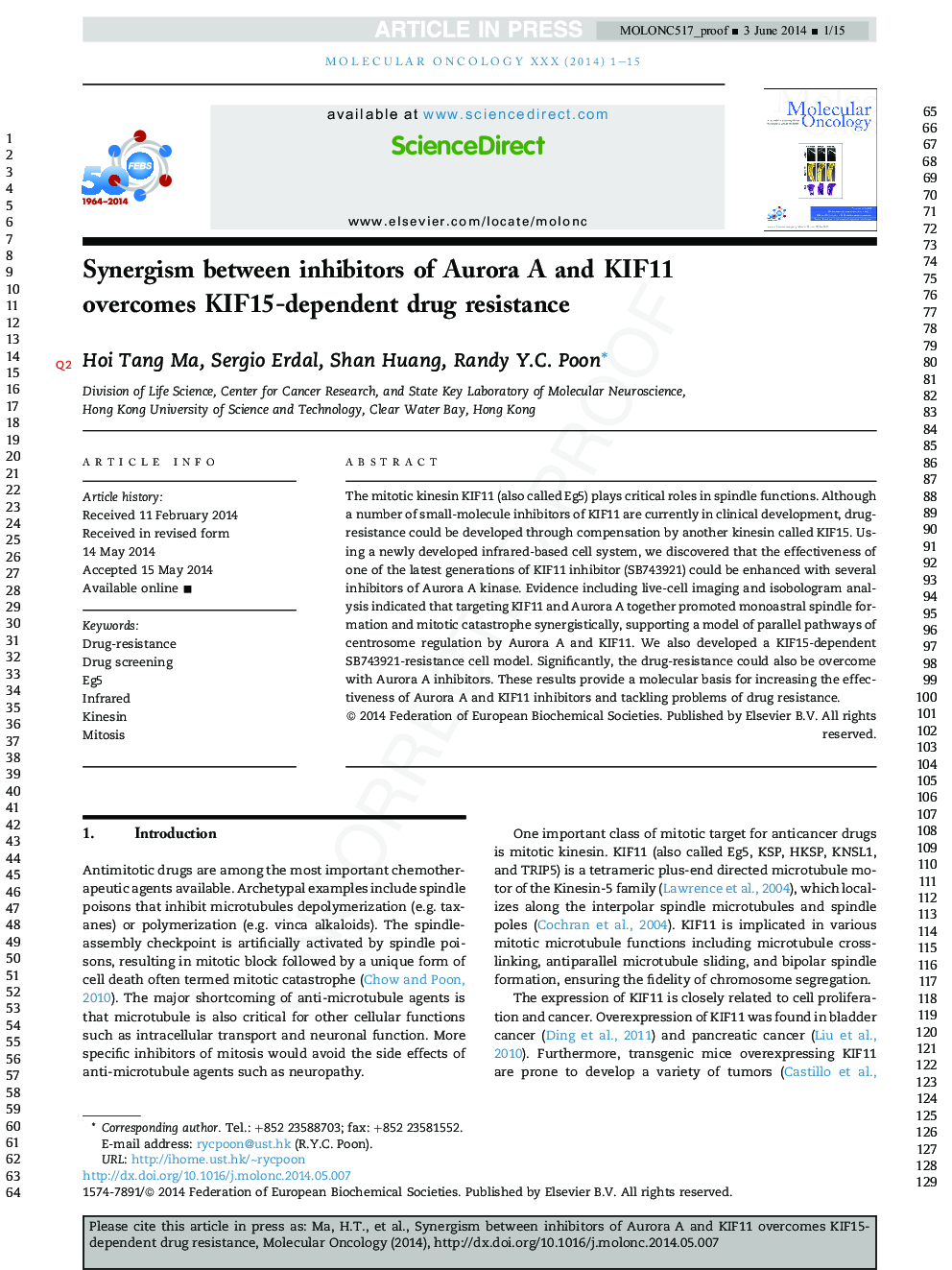 Synergism between inhibitors of Aurora A and KIF11 overcomes KIF15-dependent drug resistance