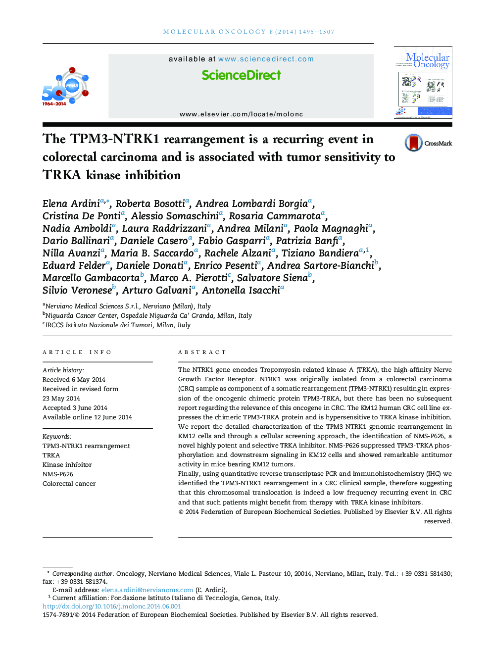 The TPM3-NTRK1 rearrangement is a recurring event in colorectal carcinoma and is associated with tumor sensitivity to TRKA kinase inhibition