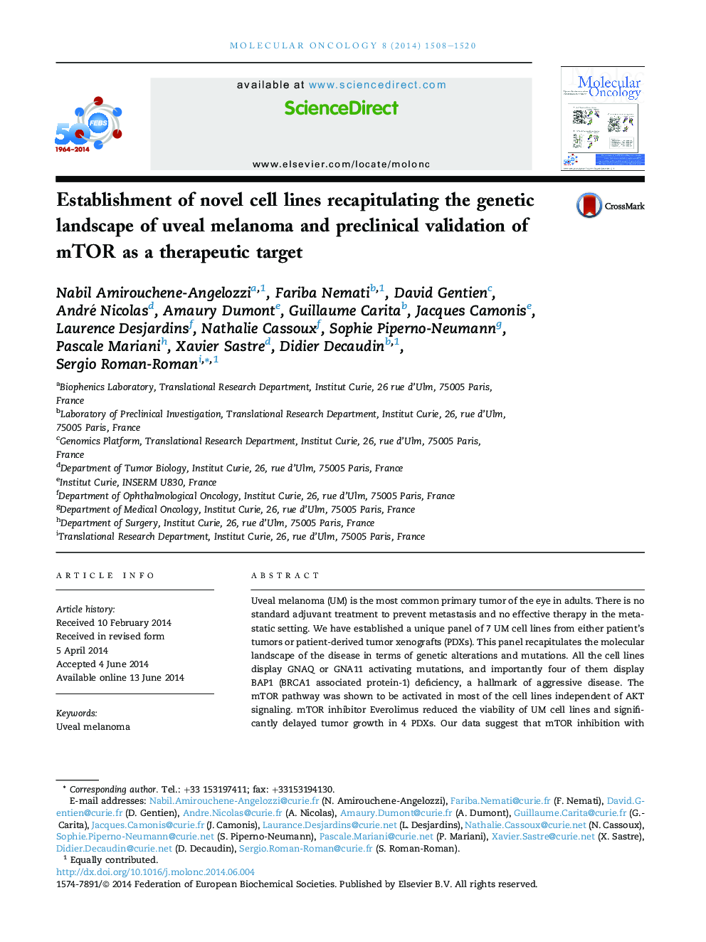 Establishment of novel cell lines recapitulating the genetic landscape of uveal melanoma and preclinical validation of mTOR as a therapeutic target