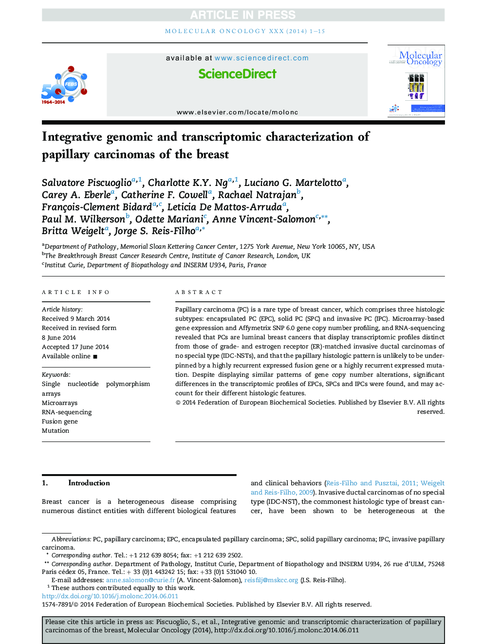 Integrative genomic and transcriptomic characterization of papillary carcinomas of the breast