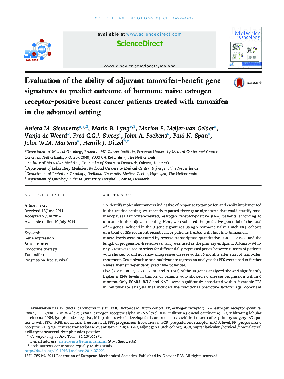 Evaluation of the ability of adjuvant tamoxifen-benefit gene signatures to predict outcome of hormone-naive estrogen receptor-positive breast cancer patients treated with tamoxifen in the advanced setting