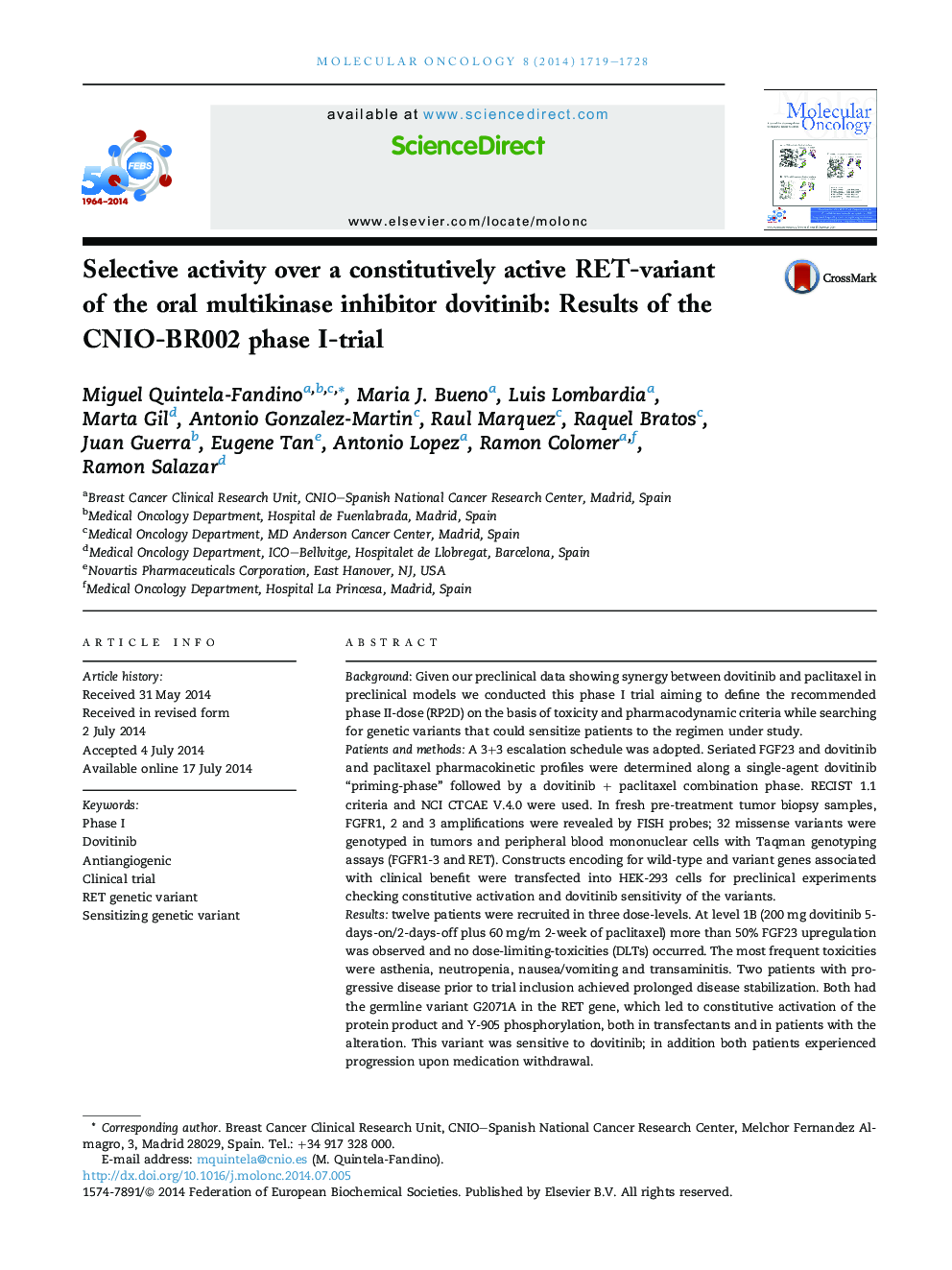 Selective activity over a constitutively active RET-variant of the oral multikinase inhibitor dovitinib: Results of the CNIO-BR002 phase I-trial