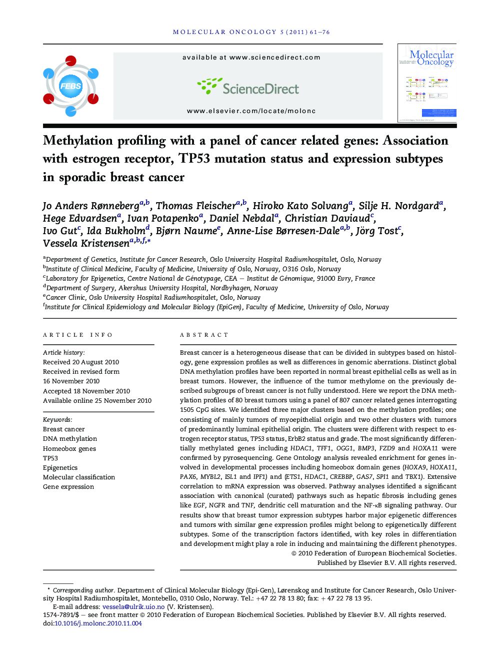 Methylation profiling with a panel of cancer related genes: Association with estrogen receptor, TP53 mutation status and expression subtypes in sporadic breast cancer