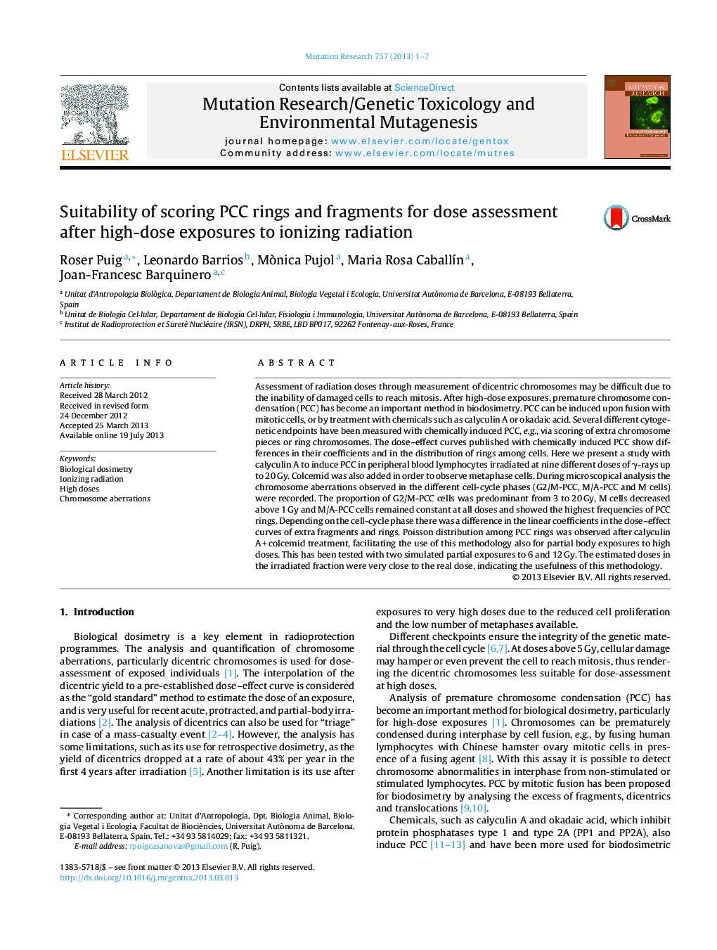 Suitability of scoring PCC rings and fragments for dose assessment after high-dose exposures to ionizing radiation