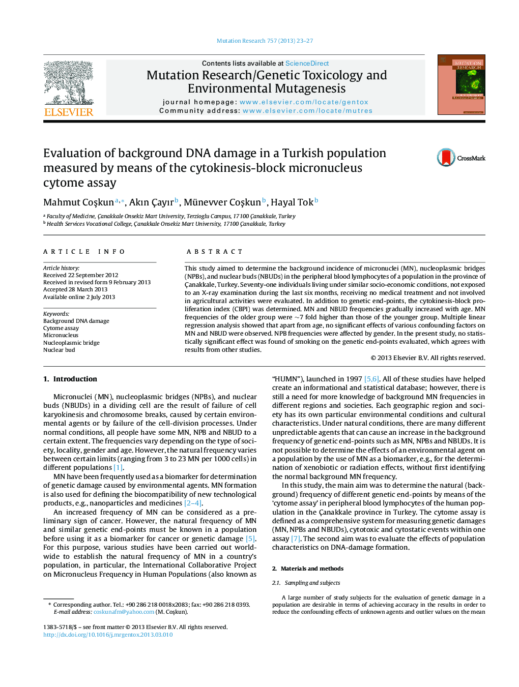 Evaluation of background DNA damage in a Turkish population measured by means of the cytokinesis-block micronucleus cytome assay