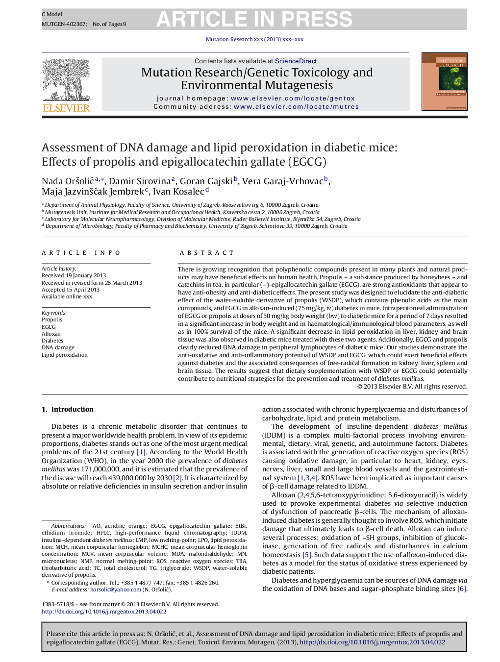 Assessment of DNA damage and lipid peroxidation in diabetic mice: Effects of propolis and epigallocatechin gallate (EGCG)