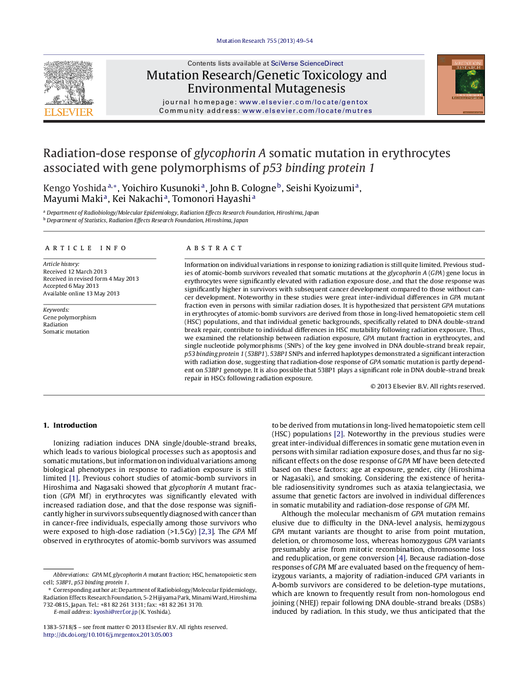 Radiation-dose response of glycophorin A somatic mutation in erythrocytes associated with gene polymorphisms of p53 binding protein 1