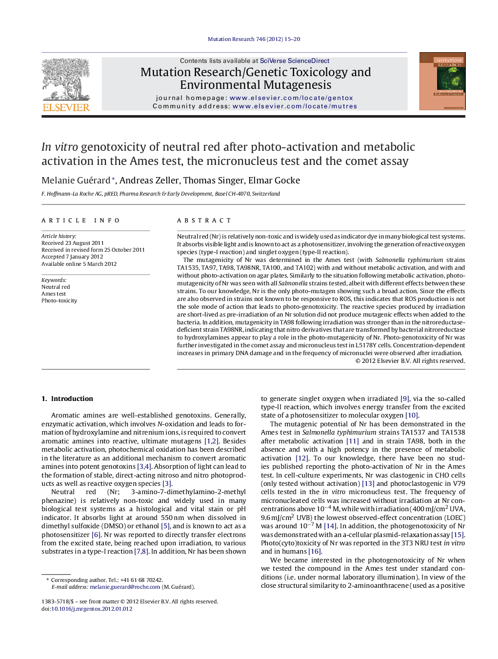 In vitro genotoxicity of neutral red after photo-activation and metabolic activation in the Ames test, the micronucleus test and the comet assay