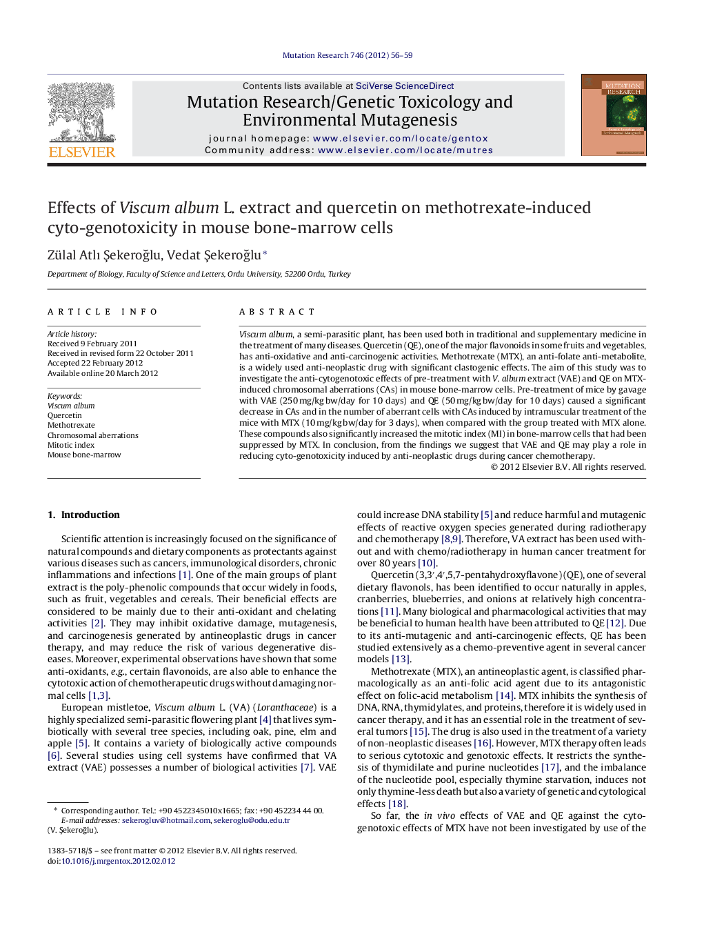 Effects of Viscum album L. extract and quercetin on methotrexate-induced cyto-genotoxicity in mouse bone-marrow cells