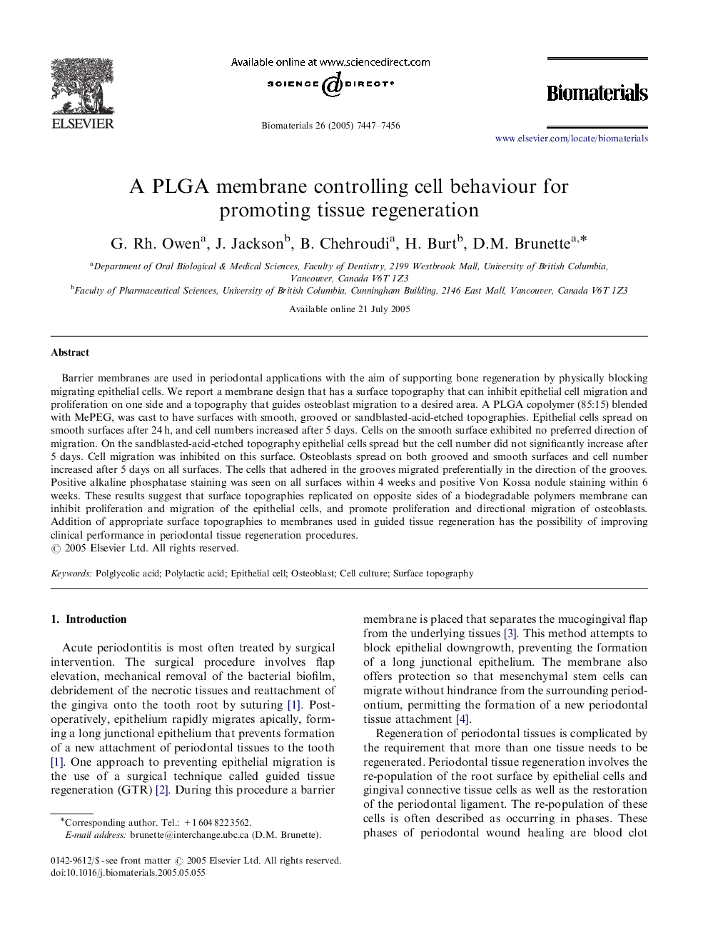 A PLGA membrane controlling cell behaviour for promoting tissue regeneration