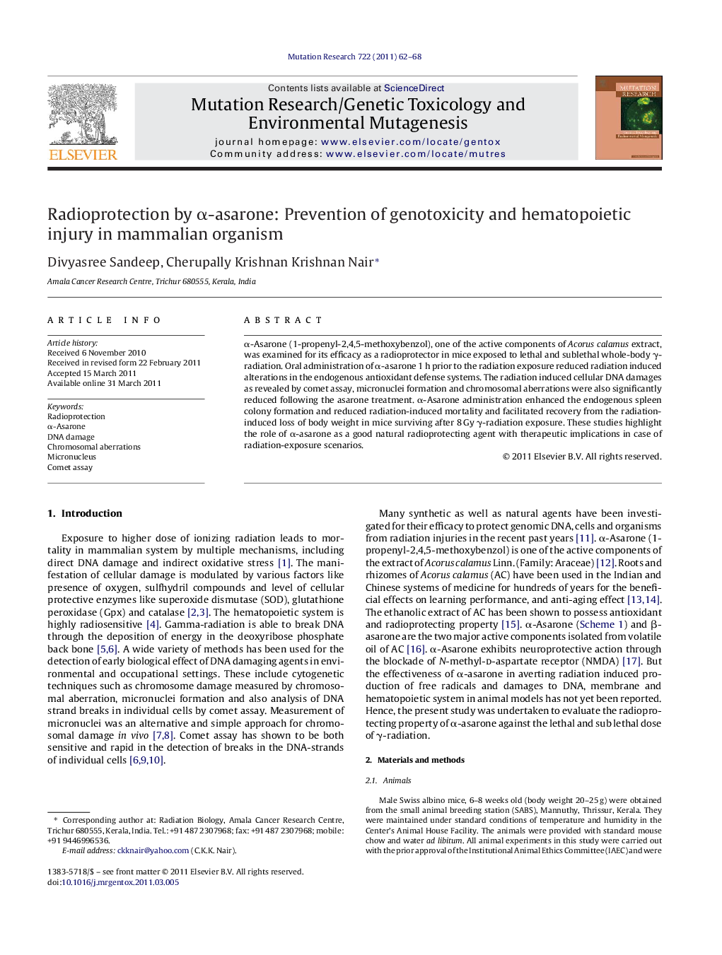 Radioprotection by Î±-asarone: Prevention of genotoxicity and hematopoietic injury in mammalian organism