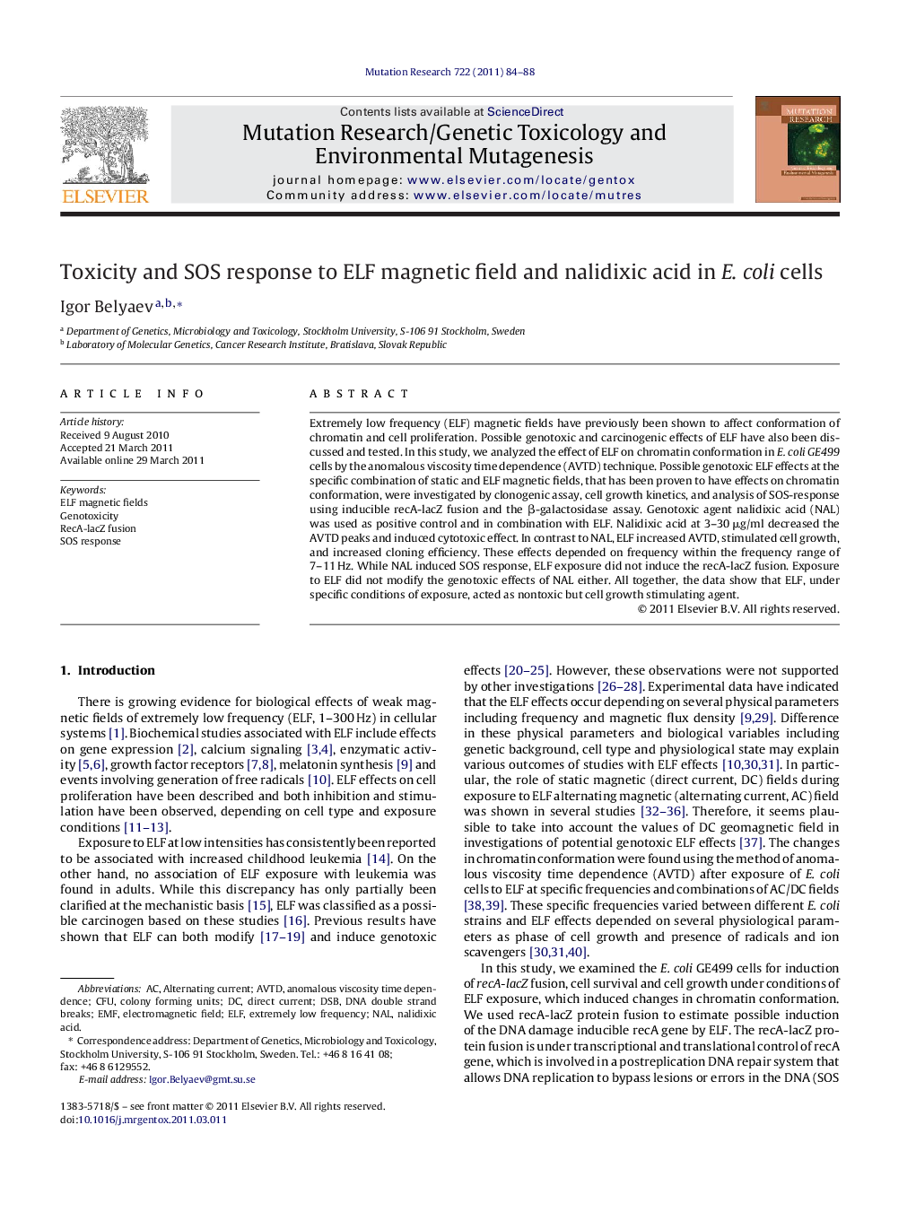 WITHDRAWN: Toxicity and SOS response to ELF magnetic field and nalidixic acid in E. coli cells