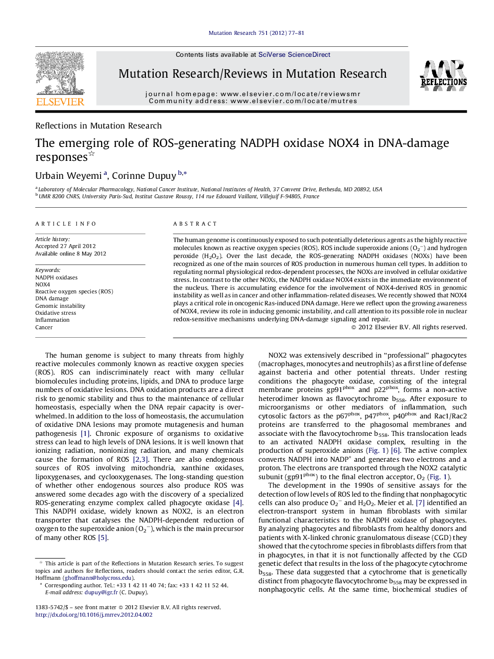 The emerging role of ROS-generating NADPH oxidase NOX4 in DNA-damage responses