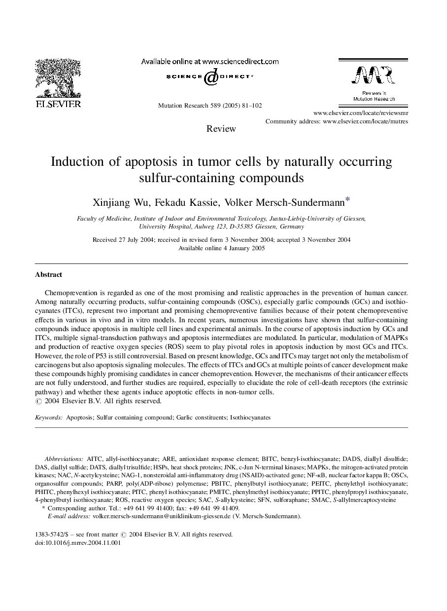 Induction of apoptosis in tumor cells by naturally occurring sulfur-containing compounds