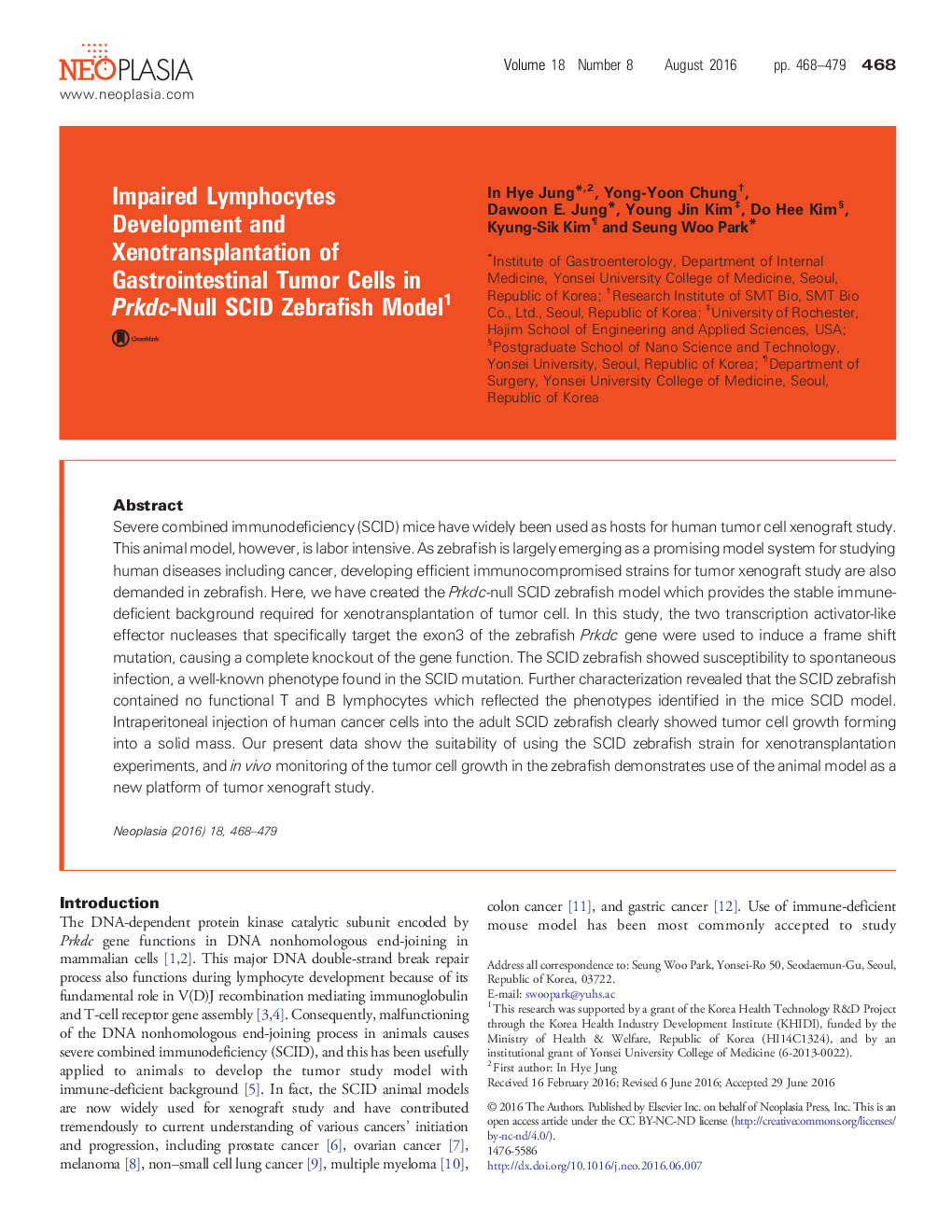 Impaired Lymphocytes Development and Xenotransplantation of Gastrointestinal Tumor Cells in Prkdc-Null SCID Zebrafish Model