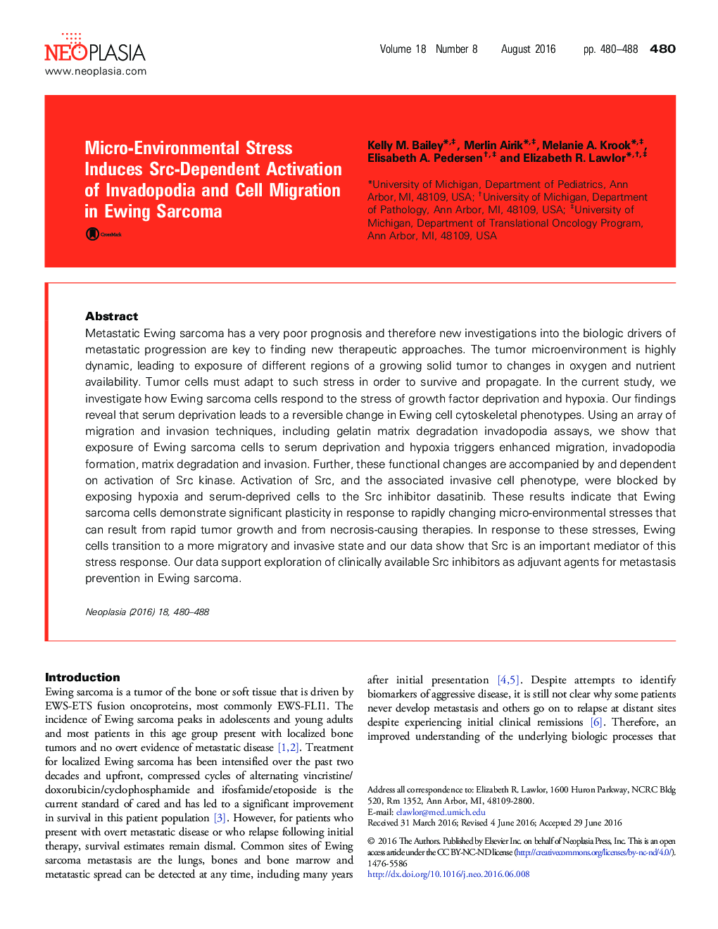 Micro-Environmental Stress Induces Src-Dependent Activation of Invadopodia and Cell Migration in Ewing Sarcoma