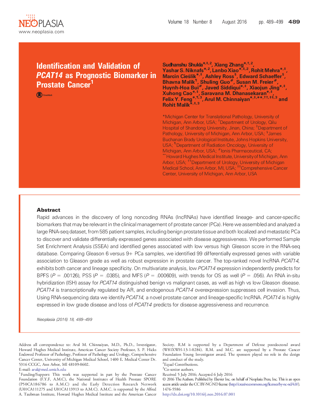 Identification and Validation of PCAT14 as Prognostic Biomarker in Prostate Cancer
