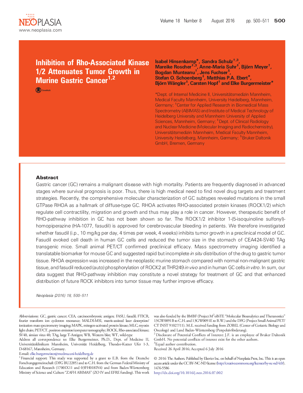 Inhibition of Rho-Associated Kinase 1/2 Attenuates Tumor Growth in Murine Gastric Cancer