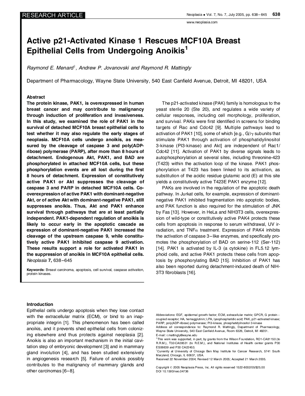 Active p21-Activated Kinase 1 Rescues MCF10A Breast Epithelial Cells from Undergoing Anoikis