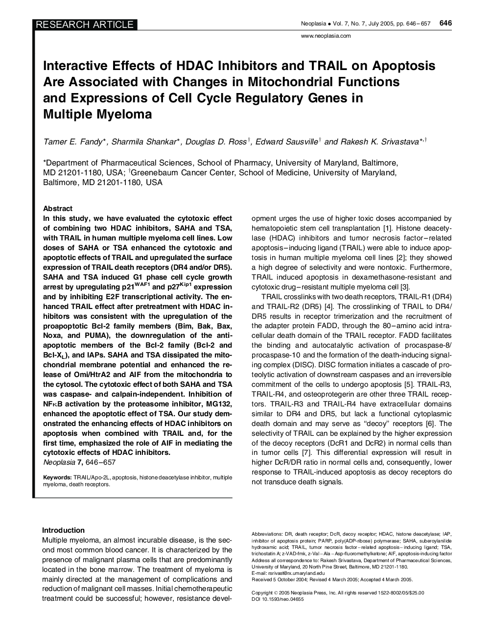 Interactive Effects of HDAC Inhibitors and TRAIL on Apoptosis Are Associated with Changes in Mitochondrial Functions and Expressions of Cell Cycle Regulatory Genes in Multiple Myeloma