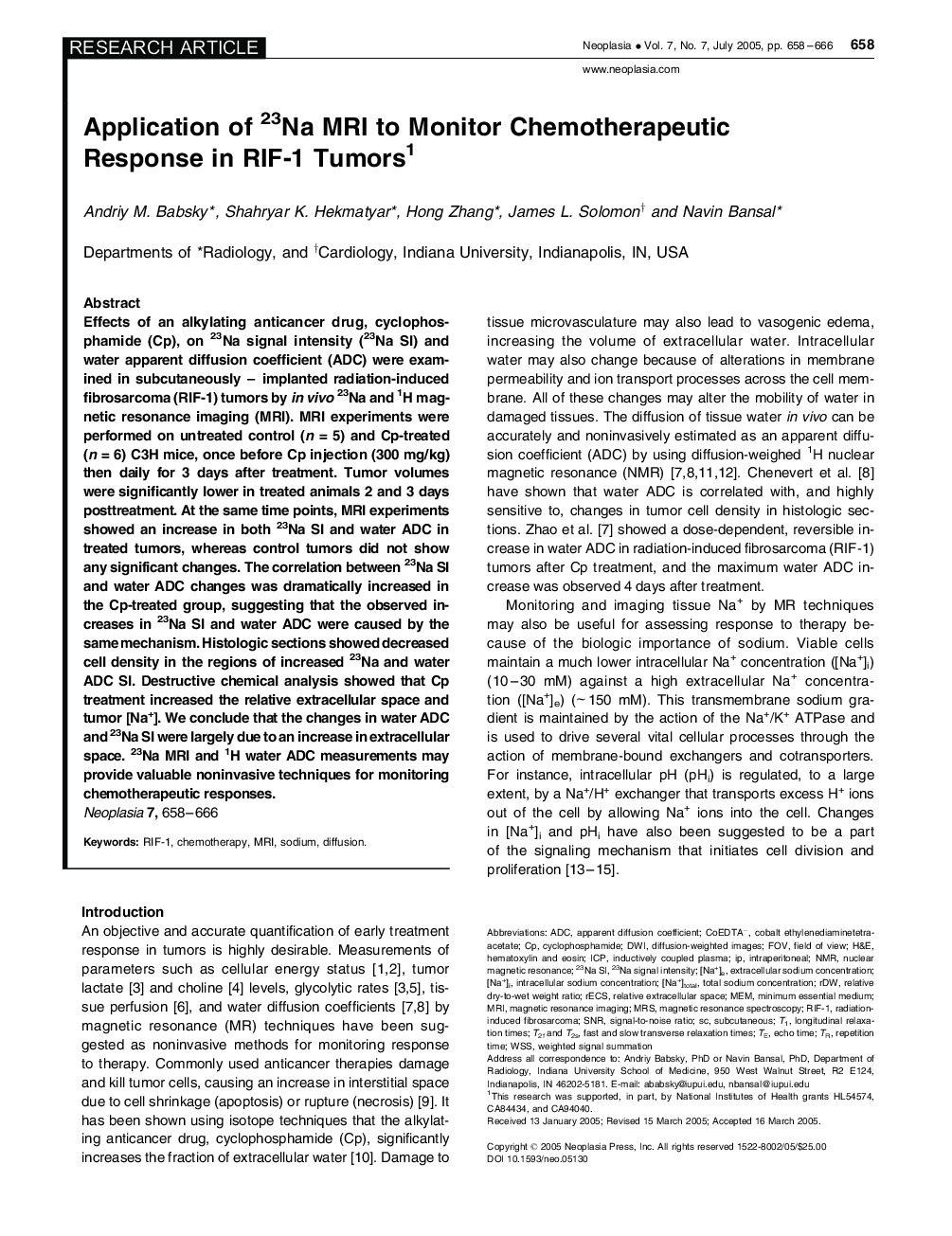 Application of 23Na MRI to Monitor Chemotherapeutic Response in RIF-1 Tumors